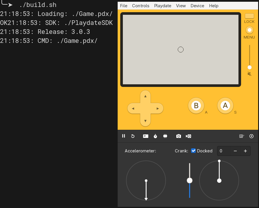 The Playdate simulator running next to console output
